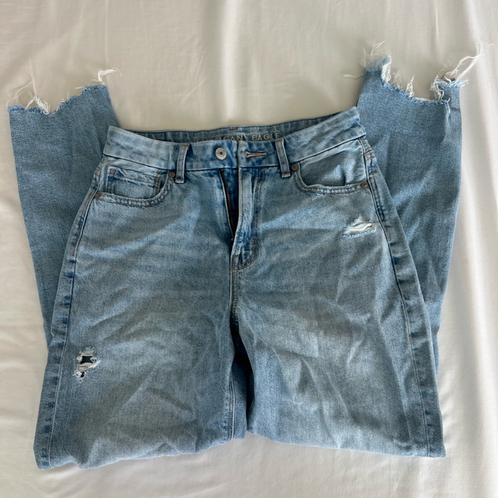 AE Blue Distressed Women's Mom Jeans